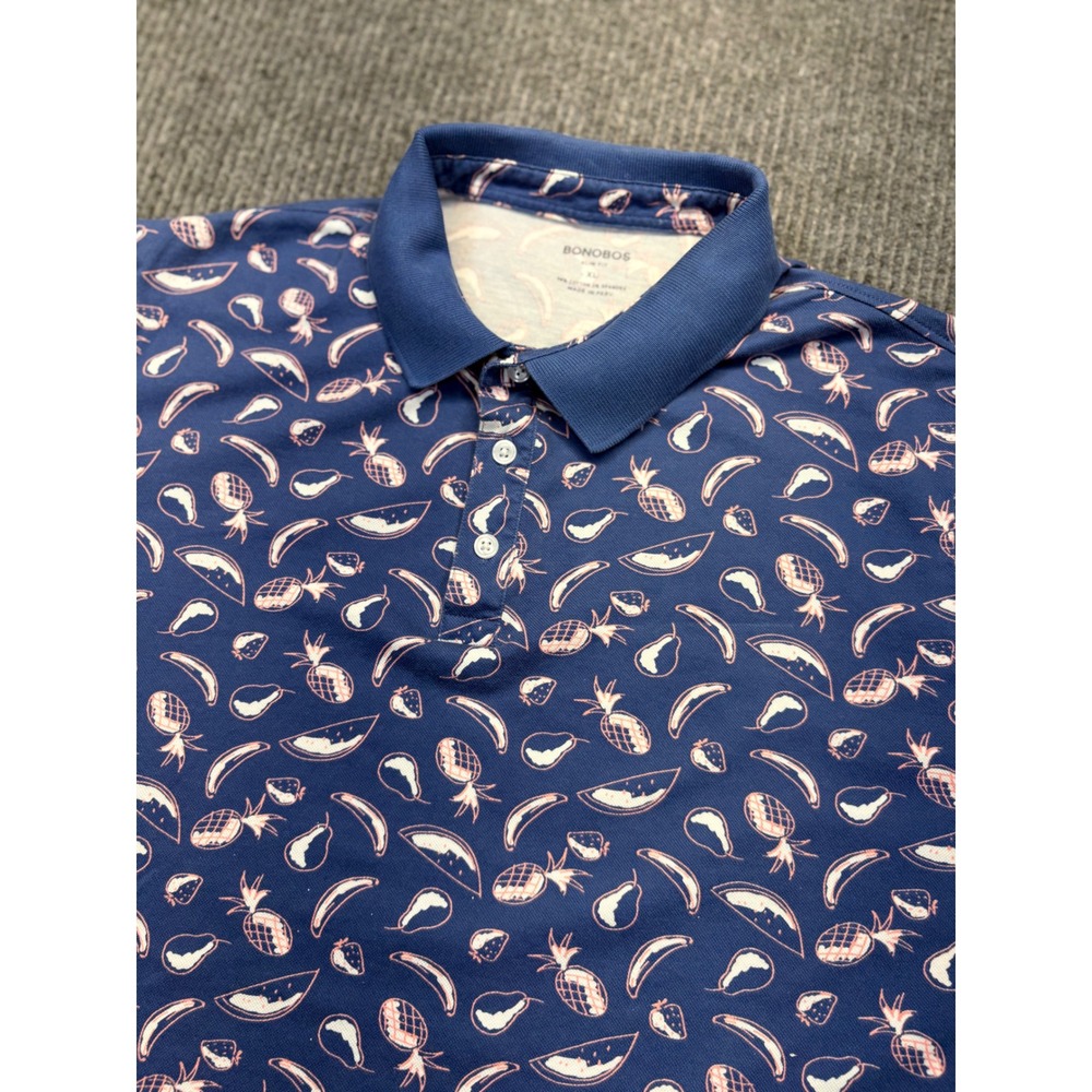 Bonobos Mens XL Slim Fit Polo Shirt Navy Blue Tropical Fruit Print Cotton Blend
